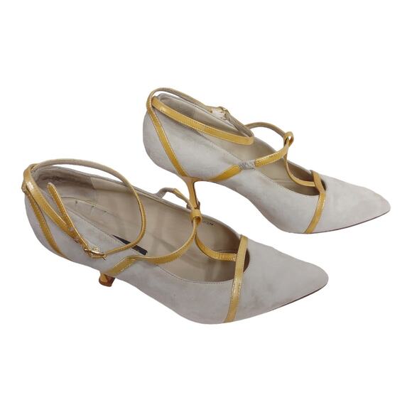 LARRY STUART Light Gray Suede Yellow Mary Jane Skinny Heels Sz 8.5 Sexy Strappy - Picture 3 of 10